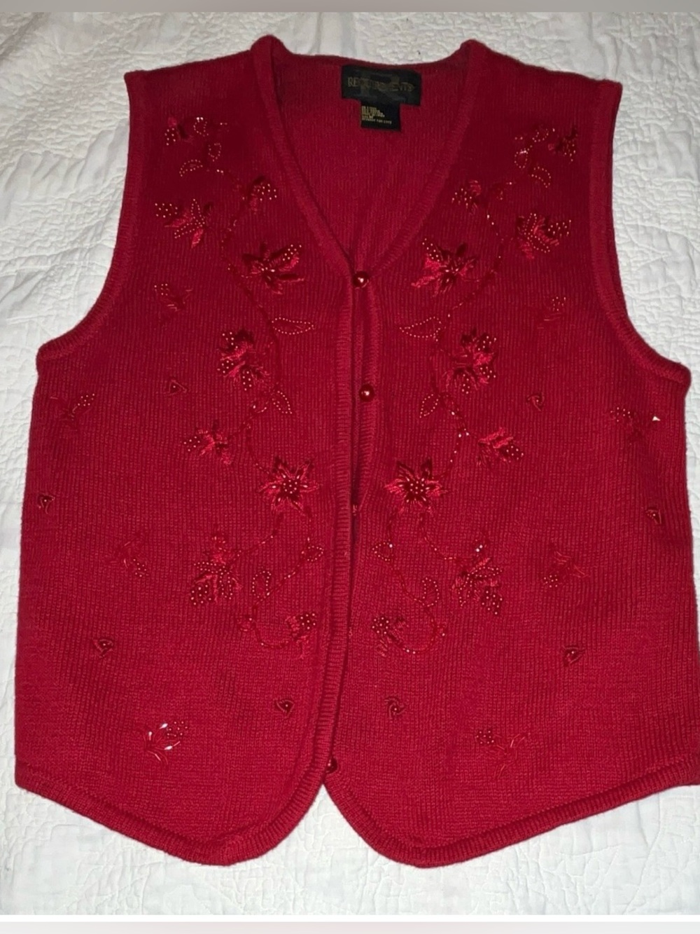 Requirements Womens Red Christmas Sweater Vest V-Neck Button Floral Beaded Embro